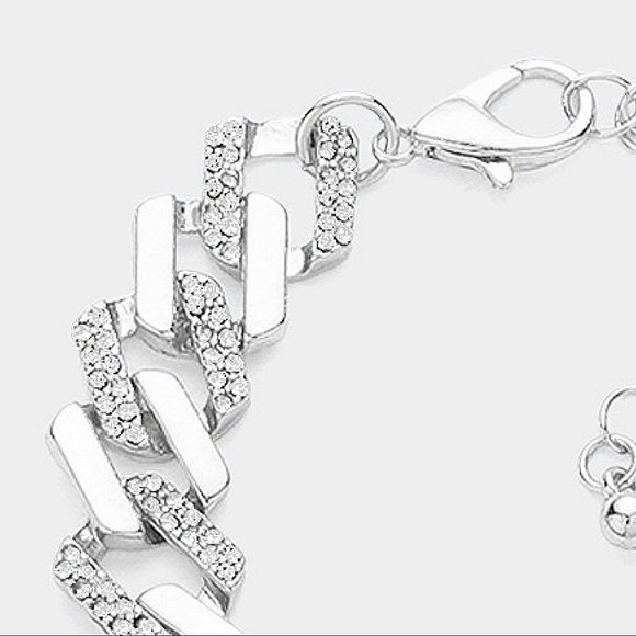 Silver Chunky Rhinestone Chain Link Bracelet Metal Thick Bold Crystal Jewelry - Picture 2 of 3